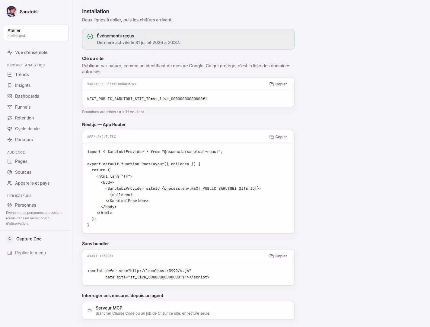 Écran d'installation : extrait à copier, clé publique du site et rejets récents.